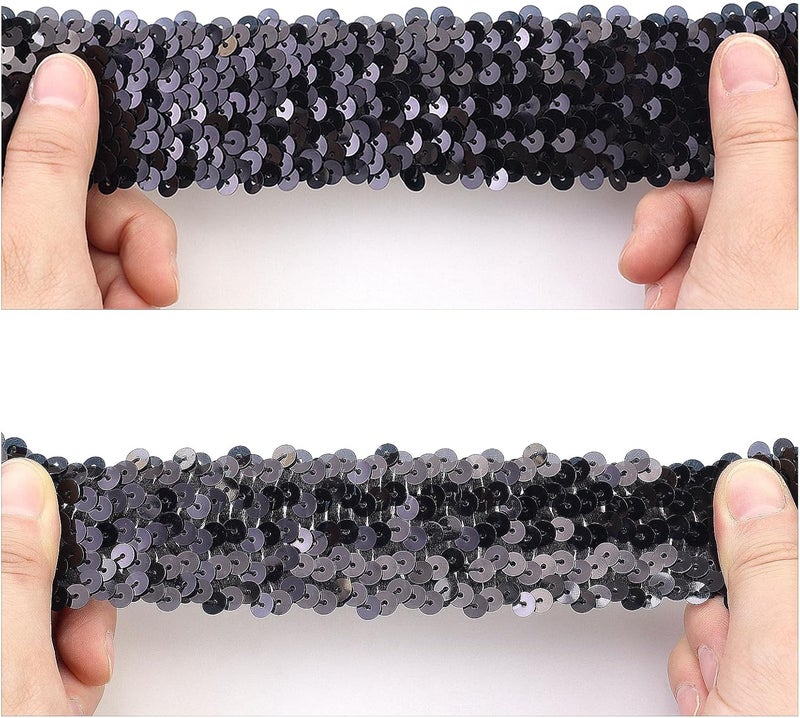 GXTIZAS Elastic Sequin Ribbon Trim 1.6 Inch Wide Black Metallic Sequins Trim 5 Yards Stretch Lace for Sewing Clothes Home Party Decoration - Image 3
